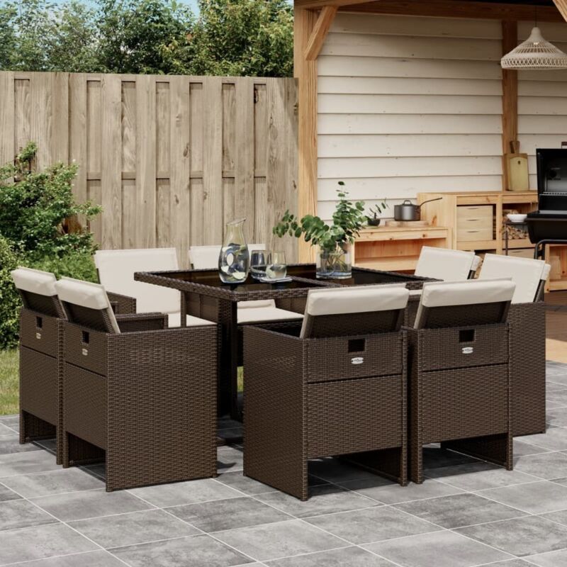 9-tlg. Garten-essgruppe Mit Kissen Braun Poly Rattan Vidaxl