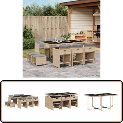 11-tlg. Garten-Essgruppe mit Kissen Beigemischung Poly Rattan - Gartenmöbel Set - Essgruppenset - Gartentisch - Gartenstühle - Gartenhocker