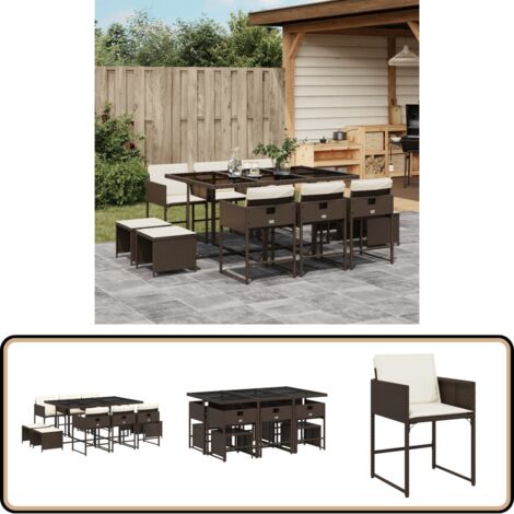 11-tlg. Garten-Essgruppe mit Kissen Braun Poly Rattan - Gartenmöbel Set - Gartentisch - Gartenstühle - Gartenhocker - Rattan Möbel