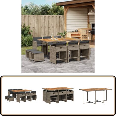 11-tlg. Garten-Essgruppe mit Kissen Grau Poly Rattan - Gartenmöbel Set - Gartentisch - Gartenstühle - Gartenhocker - Rattan Möbel