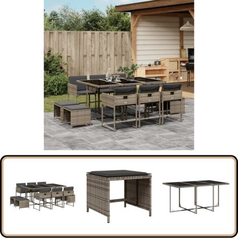 11-tlg. Garten-Essgruppe mit Kissen Grau Poly Rattan - Gartenmöbel Set - Gartentisch - Gartenstühle - Gartenhocker - Rattan Möbel