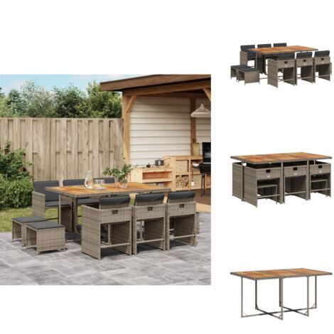 11-tlg. Garten-Essgruppe mit Kissen Grau Poly Rattan - Gartenmöbel Set - Gartentisch - Gartenstühle - Gartenhocker - Rattan Möbel