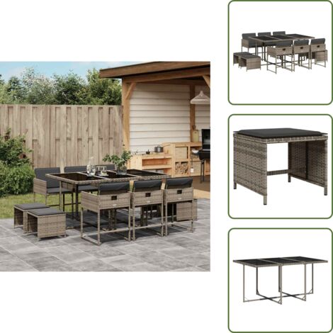 11-tlg. Garten-Essgruppe mit Kissen Grau Poly Rattan - Gartenmöbel Set - Gartentisch - Gartenstühle - Gartenhocker - Rattan Möbel