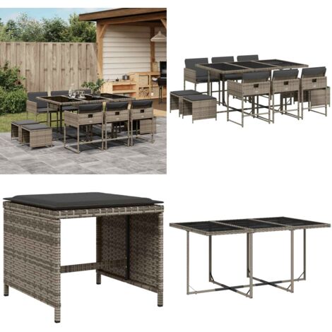 11-tlg. Garten-Essgruppe mit Kissen Grau Poly Rattan - Gartenmöbel Set - Gartentisch - Gartenstühle - Gartenhocker - Rattan Möbel - Home & Living