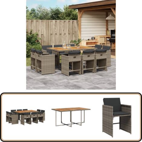 11-tlg. Garten-Essgruppe mit Kissen Grau Poly Rattan - Gartentisch - Esstisch - Gartenmöbel Set - Outdoor Möbel - Terrassenmöbel