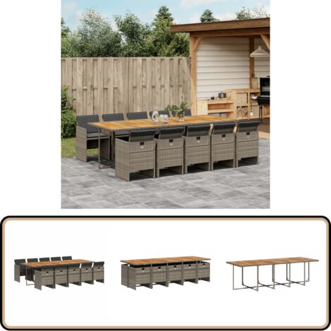 11-tlg. Garten-Essgruppe mit Kissen Grau Poly Rattan - Gartentisch - Gartenmöbel Set - Esstisch - Gartenstühle - Outdoor Möbel