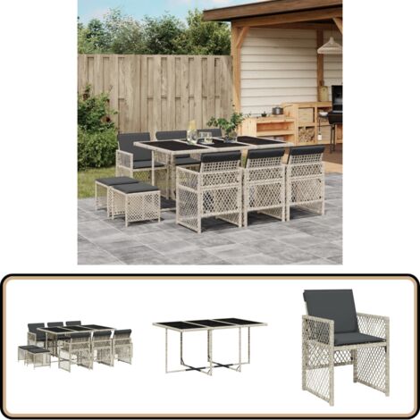 11-tlg. Garten-Essgruppe mit Kissen Hellgrau Poly Rattan - Gartengruppe - Gartenmöbelset - Esstisch - Gartenstühle - Gartenhocker