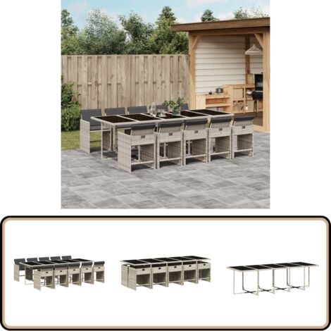 11-tlg. Garten-Essgruppe mit Kissen Hellgrau Poly Rattan - Gartentisch - Gartenmöbelset - Esstisch - Gartenstühle - Outdoor Möbel