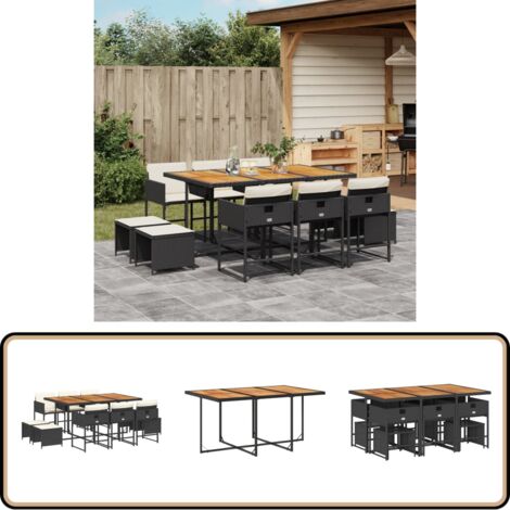 11-tlg. Garten-Essgruppe mit Kissen Schwarz Poly Rattan - Gartenmöbel Set - Gartentisch - Gartenstühle - Gartenhocker - Rattan Möbel