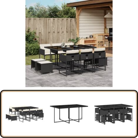 11-tlg. Garten-Essgruppe mit Kissen Schwarz Poly Rattan - Gartenmöbel Set - Gartentisch - Gartenstühle - Gartenhocker - Rattan Möbel