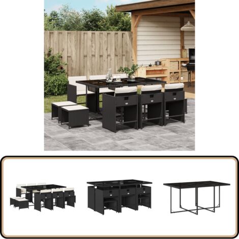 11-tlg. Garten-Essgruppe mit Kissen Schwarz Poly Rattan - Gartenmöbel Set - Gartentisch - Gartenstühle - Gartenhocker - Rattan Möbel