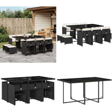 11-tlg. Garten-Essgruppe mit Kissen Schwarz Poly Rattan - Gartenmöbel Set - Gartentisch - Gartenstühle - Gartenhocker - Rattan Möbel - Home & Living