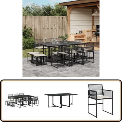 11-tlg. Garten-Essgruppe mit Kissen Schwarz Poly Rattan - Gartensessel - Gartenmöbel Set - Outdoor Esstisch - Terrassenset - Gartenlounge