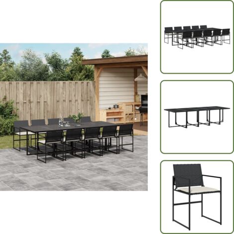 11-tlg. Garten-Essgruppe mit Kissen Schwarz Poly Rattan - Gartentisch - Esstisch - Gartenmöbelset - Outdoor Essgruppe - Terrassenmöbel