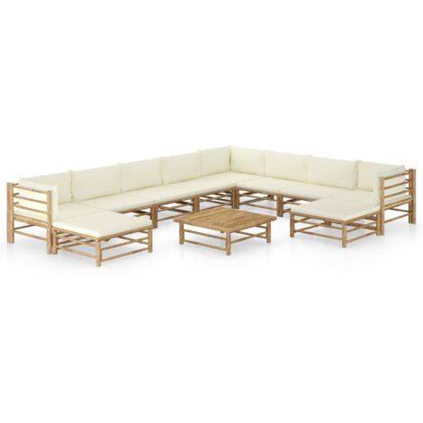 11-tlg. Garten-Lounge-Set, Gartenmöbel-Set, Terrassen-Sitzgruppe mit Cremeweißen Kissen Bambus ZDEH14068 BonneVie