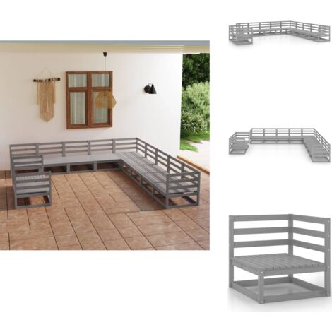 11-tlg. Garten-Lounge-Set Grau Kiefer Massivholz - Gartensofa - Lounge Set - Gartenmöbeln - Rattan Gartenmöbel - Kiefernholzmöbel