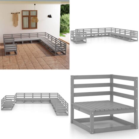 11-tlg. Garten-Lounge-Set Grau Kiefer Massivholz - Gartensofa - Lounge Set - Gartenmöbeln - Rattan Gartenmöbel - Kiefernholzmöbel - Home & Living