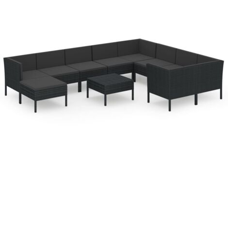 11-tlg. Garten-Lounge-Set mit Auflagen Poly Rattan Schwarz vidaXL