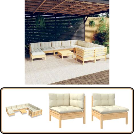 11-tlg. Garten-Lounge-Set mit Creme Kissen Kiefernholz - Gartensessel - Lounge Set - Gartenmöbeln - Outdoor Möbel - Kiefernholz