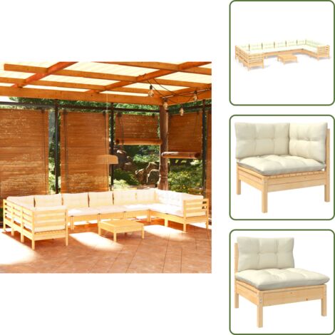 11-tlg. Garten-Lounge-Set mit Creme Kissen Kiefernholz - Gartensessel - Lounge Set - Gartenmöbeln - Outdoor Möbel - Kiefernholz