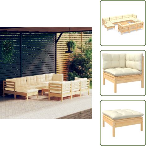 11-tlg. Garten-Lounge-Set mit Creme Kissen Massivholz Kiefer - Gartensessel - Lounge Set - Gartenmöbel - Outdoor Möbel - Kiefernholz