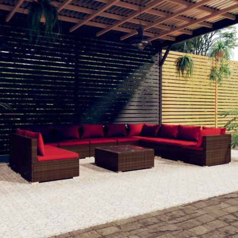 11-tlg. Garten-Lounge-Set mit Kissen Braun Poly Rattan