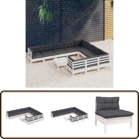 11-tlg. Garten-Lounge-Set mit Kissen Weiß Kiefernholz - Garten Lounge Set - Kiefernholz Möbel - Outdoor Furniture - Gartengeräte - Loungemöbel