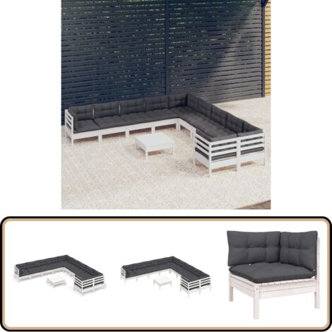 11-tlg. Garten-Lounge-Set mit Kissen Weiß Kiefernholz - Gartengeräte - Lounge Set - Gartenmöbel - Outdoor Möbel - Kiefernholz