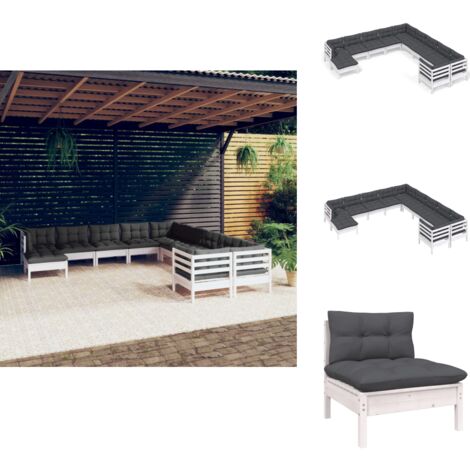 11-tlg. Garten-Lounge-Set mit Kissen Weiß Kiefernholz - Gartenmöbel - Lounge Set - Outdoor Möbel - Kiefernholz - Rattan