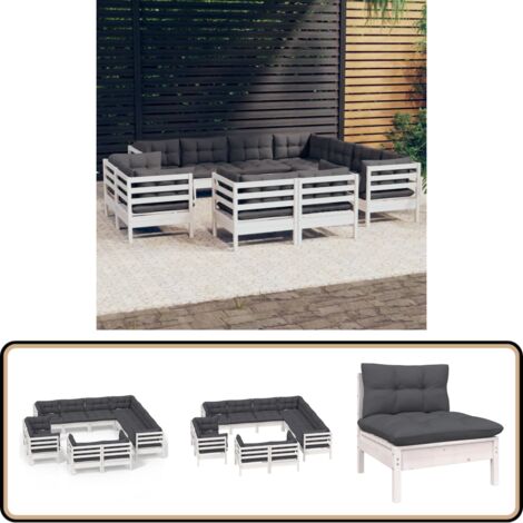 11-tlg. Garten-Lounge-Set mit Kissen Weiß Massivholz Kiefer - Gartensessel - Lounge Set - Gartenmöbel - Outdoor Möbel - Kiefernholz