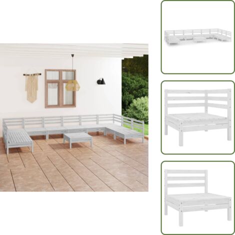 11-tlg. Garten-Lounge-Set Weiß Massivholz Kiefer - Gartenmöbel Set - Loungemöbel - Gartenloungeset - Rattan Möbel - Kiefernholzmöbel