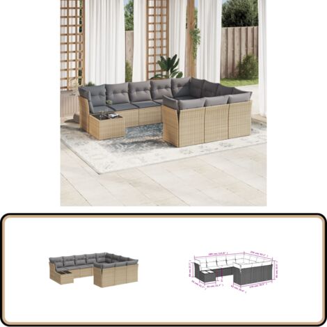 11-tlg. Garten-Sofagarnitur mit Kissen Beige Poly Rattan - Gartenmöbel Set - PE-Rattan Möbel - Outdoor Sofa - Lounge Garnitur - Esstisch Set
