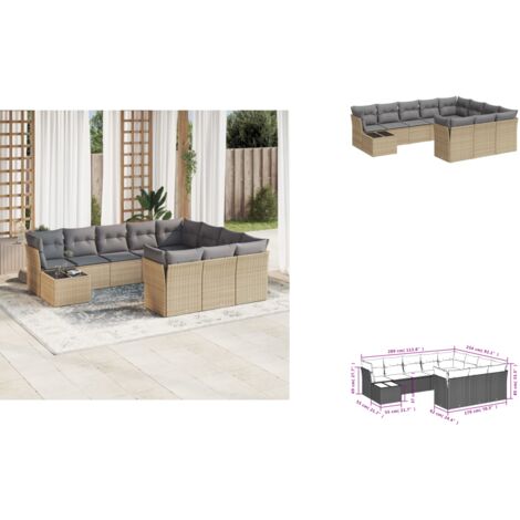 11-tlg. Garten-Sofagarnitur mit Kissen Beige Poly Rattan - Gartenmöbel Set - PE-Rattan Möbel - Outdoor Sofa - Lounge Garnitur - Esstisch Set