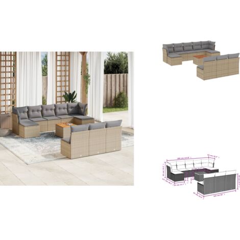 11-tlg. Garten-Sofagarnitur mit Kissen Beige Poly Rattan - Gartensortiment - Gartenmöbelset - Lounge Möbel - Outdoor Sofa - Rattan Gartenmöbel
