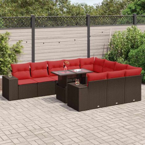 11-tlg. Garten-Sofagarnitur mit Kissen Braun Poly Rattan Akazie vidaXL