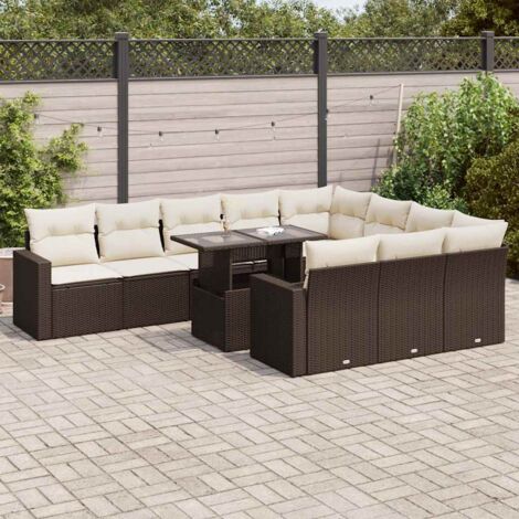 11-tlg. Garten-Sofagarnitur mit Kissen Braun Poly Rattan vidaXL