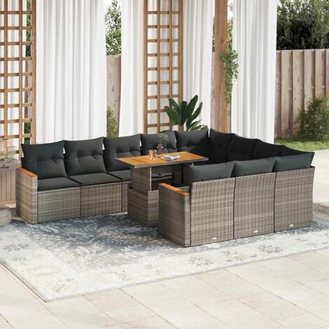 11-tlg. Garten-Sofagarnitur mit Kissen Grau Poly Rattan Akazie vidaXL