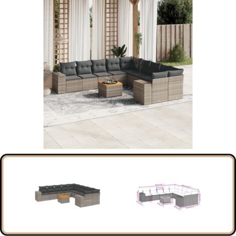 11-tlg. Garten-Sofagarnitur mit Kissen Grau Poly Rattan - Gartenmöbel - Esszimmergarnituren - Outdoor Möbel - Lounge Set - Rattan Gartenmöbel