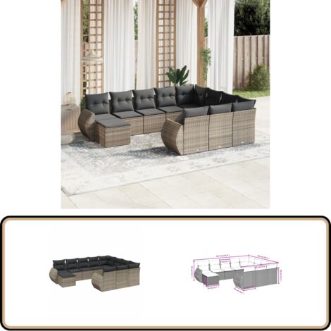11-tlg. Garten-Sofagarnitur mit Kissen Grau Poly Rattan - Gartenmöbel - Esszimmergarnituren - Outdoor Möbel - Lounge Set - Rattan Gartenmöbel
