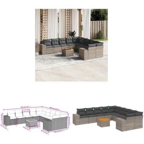 11-tlg. Garten-Sofagarnitur mit Kissen Grau Poly Rattan - Gartenmöbel - Esszimmergarnituren - Outdoor Möbel - Lounge Set - Rattan Gartenmöbel - Home & Living