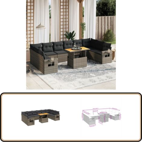 11-tlg. Garten-Sofagarnitur mit Kissen Grau Poly Rattan - Gartenmöbel - PE-Rattan Möbel - Outdoor-Set - Lounge Set - Sofasitzgruppe