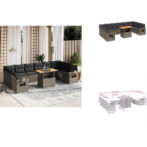 11-tlg. Garten-Sofagarnitur mit Kissen Grau Poly Rattan - Gartenmöbel - PE-Rattan Möbel - Outdoor-Set - Lounge Set - Sofasitzgruppe
