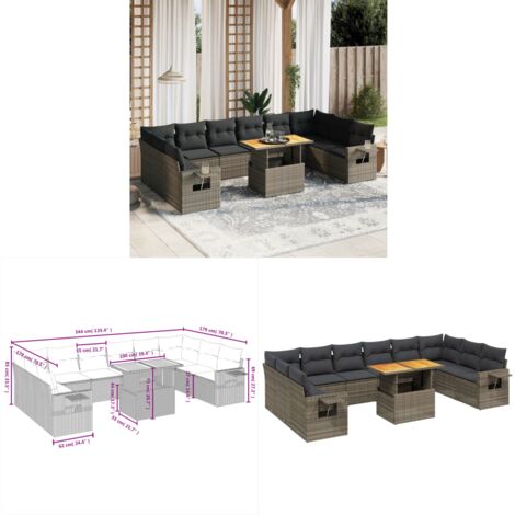 11-tlg. Garten-Sofagarnitur mit Kissen Grau Poly Rattan - Gartenmöbel - PE-Rattan Möbel - Outdoor-Set - Lounge Set - Sofasitzgruppe - Home & Living