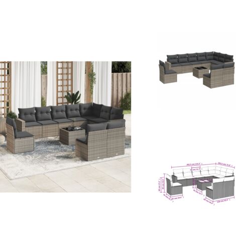 11-tlg. Garten-Sofagarnitur mit Kissen Grau Poly Rattan - Gartenmöbel - PE-Rattan Möbel - Outdoor Sofa Set - Lounge Gruppe - Esstisch