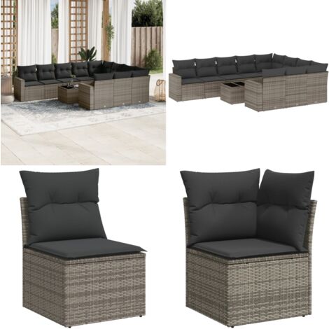 11-tlg. Garten-Sofagarnitur mit Kissen Grau Poly Rattan - Gartenmöbel Set - PE-Rattan Möbel - Outdoor Lounge - Esstisch Set - Balkonmöbel - Home & Living