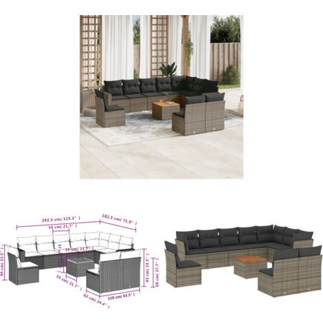 11-tlg. Garten-Sofagarnitur mit Kissen Grau Poly Rattan - Gartensorte - Gartenmöbel Set - PE-Rattan Möbel - Outdoor Lounge - Esstisch - Home & Living