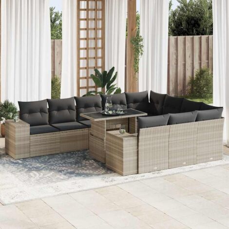 11-tlg. Garten-Sofagarnitur mit Kissen Hellgrau Poly Rattan vidaXL