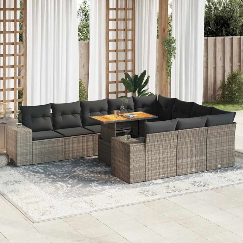 10-tlg. Garten-sofagarnitur Mit Kissen Grau Poly Rattan Akazie - Vidaxl