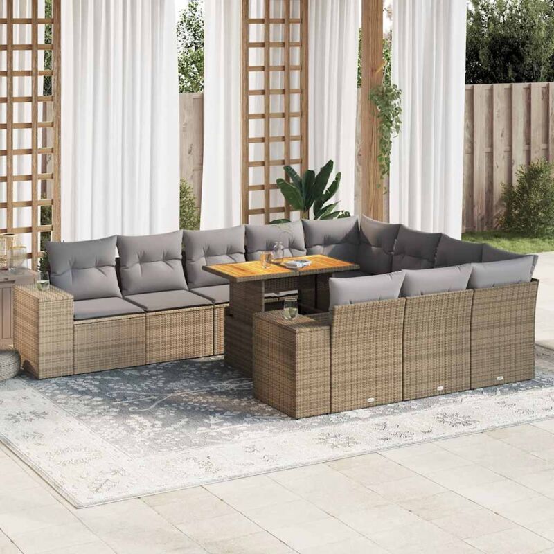 10-tlg. Garten-sofagarnitur Mit Kissen Beige Poly Rattan Akazie Vidaxl