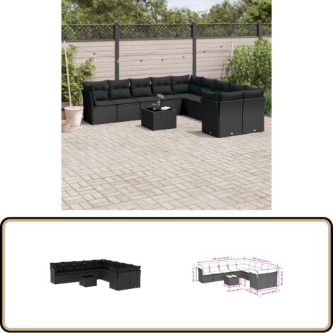 11-tlg. Garten-Sofagarnitur mit Kissen Schwarz Poly Rattan - Gartenmöbel - Esstischgarnitur - Lounge Set - Outdoor Möbel - Rattan Sofa